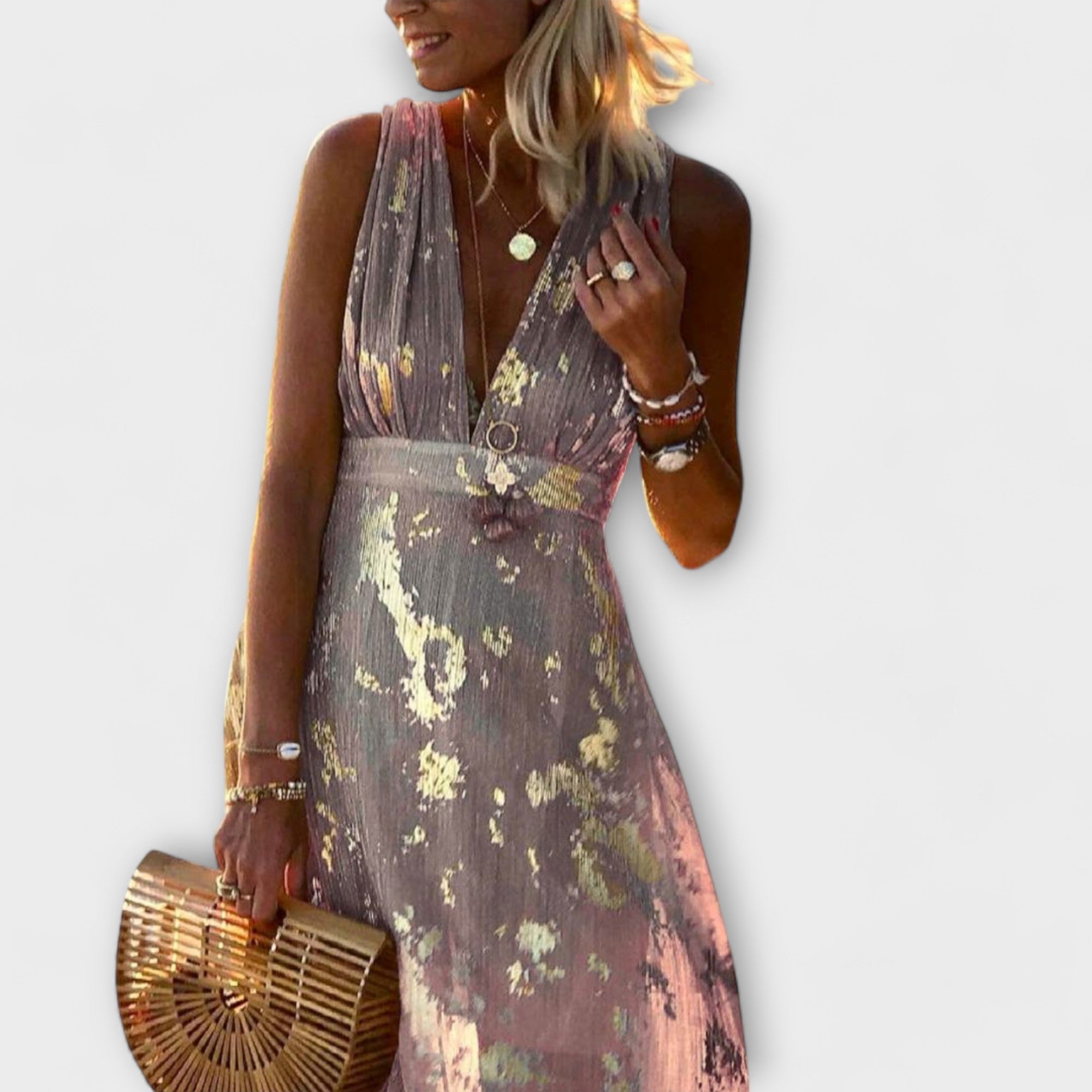 Raquel – Elegant Bloemenjurk met V-hals en Pailletten