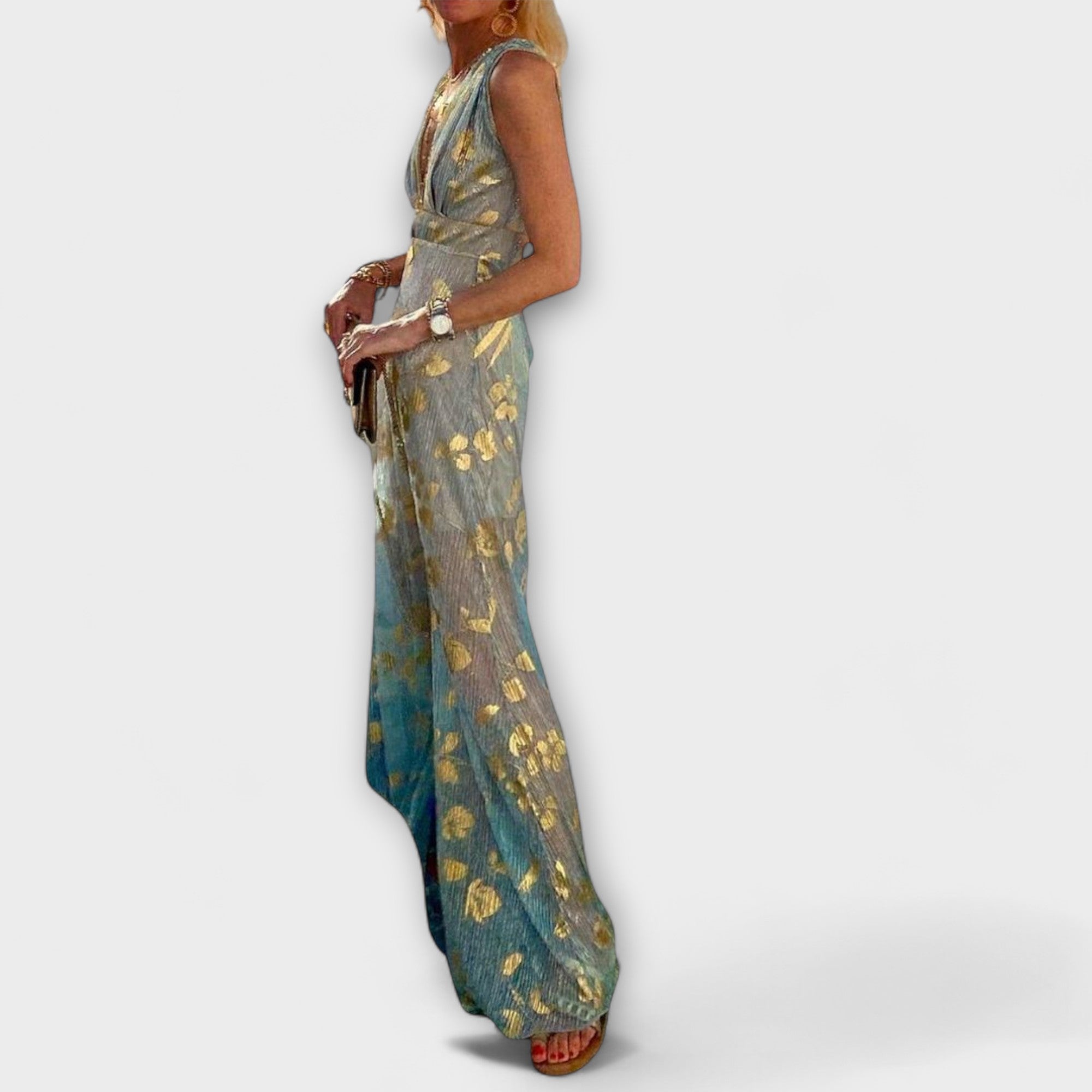 Raquel – Elegant Bloemenjurk met V-hals en Pailletten