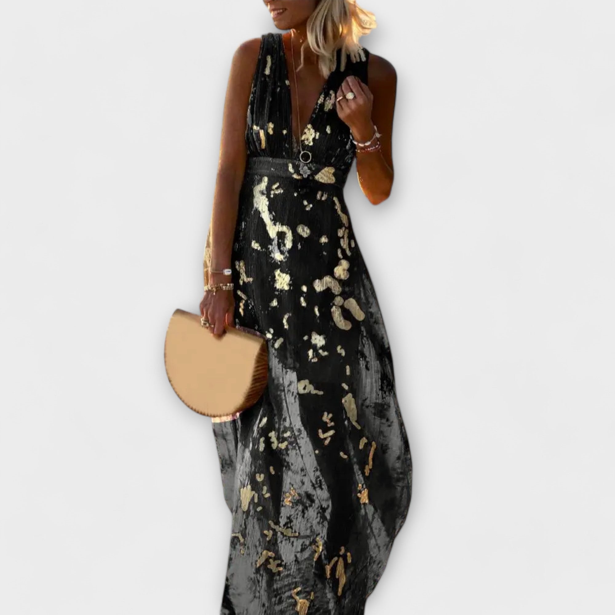 Raquel – Elegant Bloemenjurk met V-hals en Pailletten