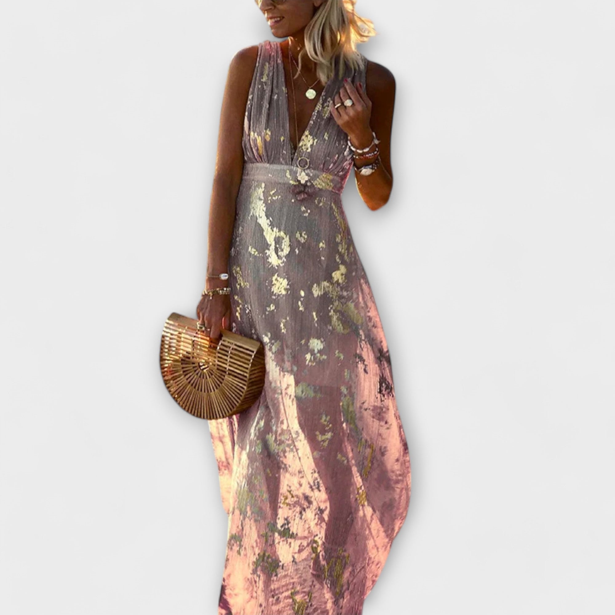 Raquel – Elegant Bloemenjurk met V-hals en Pailletten