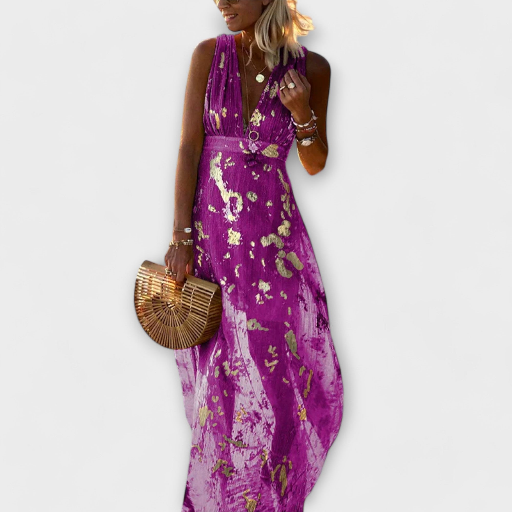 Raquel – Elegant Bloemenjurk met V-hals en Pailletten