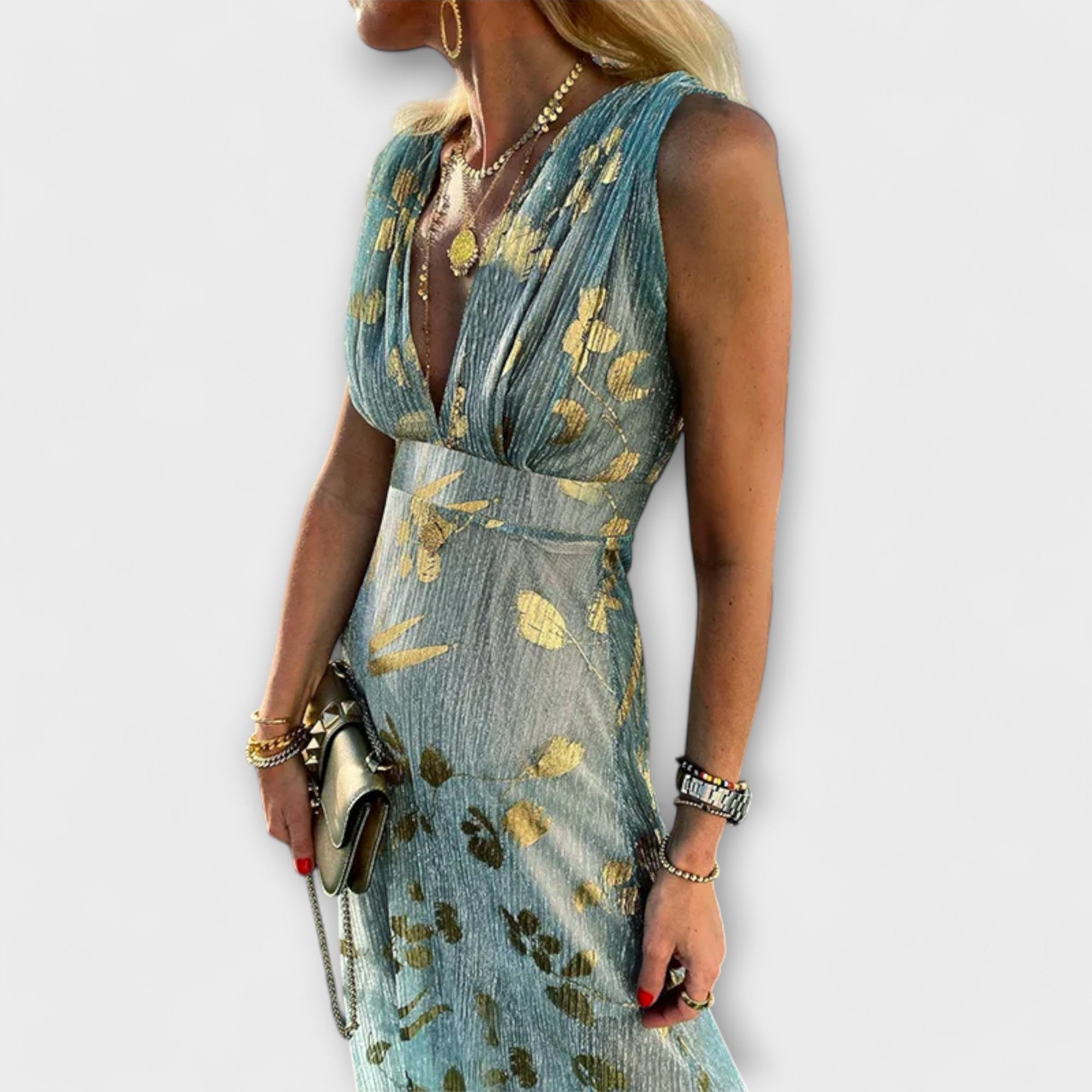 Raquel – Elegant Bloemenjurk met V-hals en Pailletten